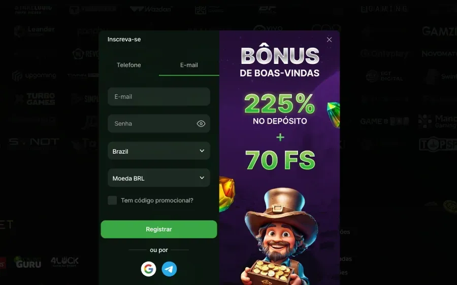 Formulário de cadastro do DartWinner com bônus de boas-vindas e seleção de moeda BRL