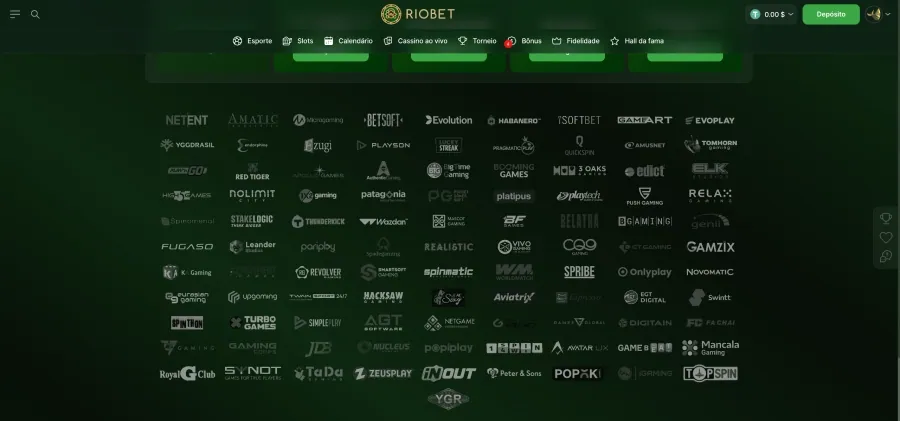 Captura de tela da página principal (Lobby) do Riobet, mostrando a lista de provedores de jogos.