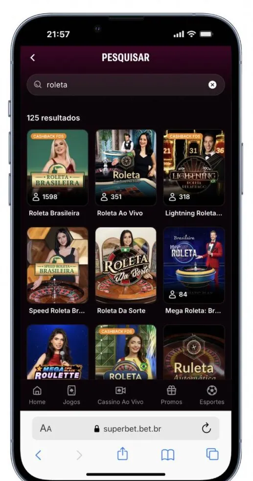 Interface Superbet Brasil, seção de pesquisa de jogos de roleta no cassino ao vivo.